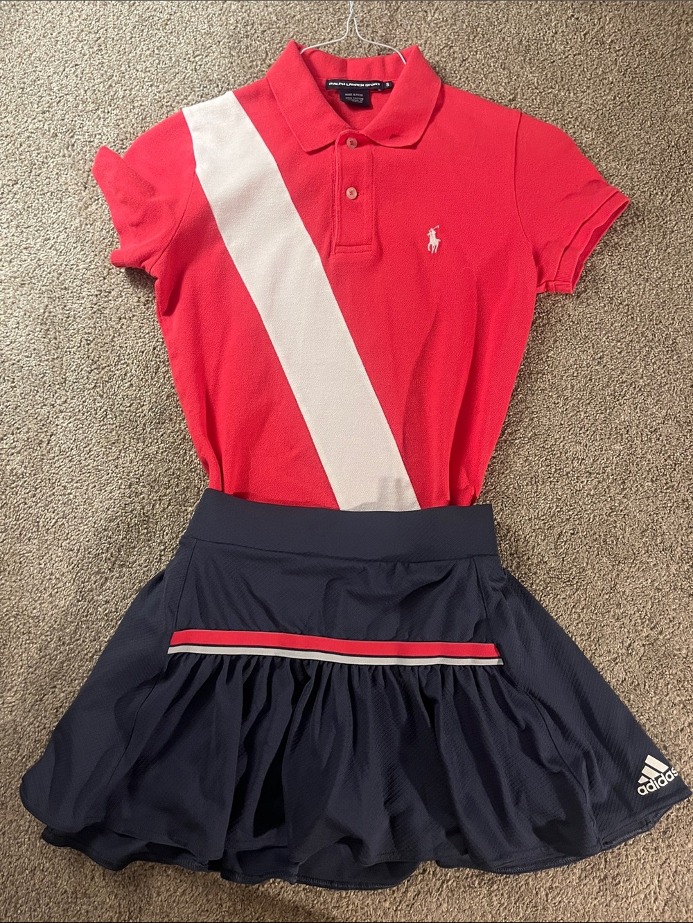 🎾🏓🎾Ralph Lauren Sport Coral White Sash/Banner Made in Peru Pique 💯% Cotton szS